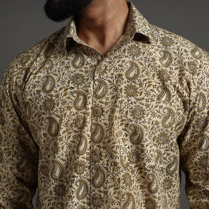Beige - Pedana Kalamkari Block Print Cotton Men Full Sleeve Shirt