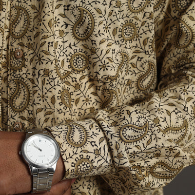 Beige - Pedana Kalamkari Block Print Cotton Men Full Sleeve Shirt