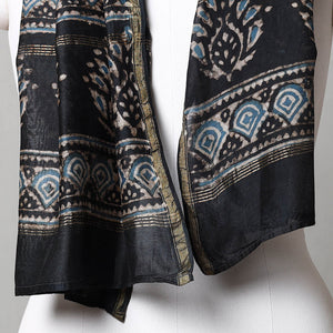 Black - Pipad Block Printed Chanderi Silk Handloom Stole
