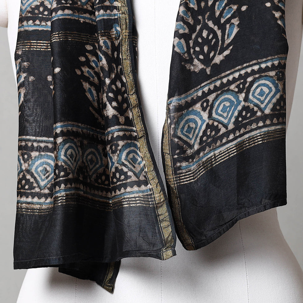 Black - Pipad Block Printed Chanderi Silk Handloom Stole