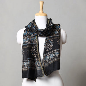 Black - Pipad Block Printed Chanderi Silk Handloom Stole