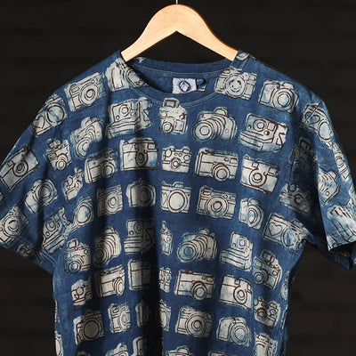 Blue - Bindaas Block Art Prints Natural Dyed Cotton Round Neck T-shirt