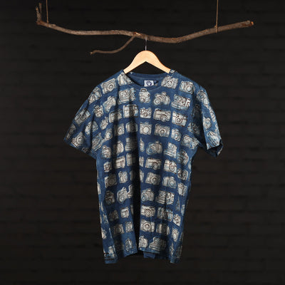Blue - Bindaas Block Art Prints Natural Dyed Cotton Round Neck T-shirt
