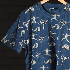 Blue - Bindaas Natural Dyed Art Block Print Round Neck T-shirt in Pure Cotton