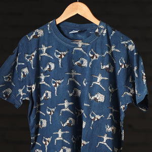 Blue - Bindaas Natural Dyed Art Block Print Round Neck T-shirt in Pure Cotton