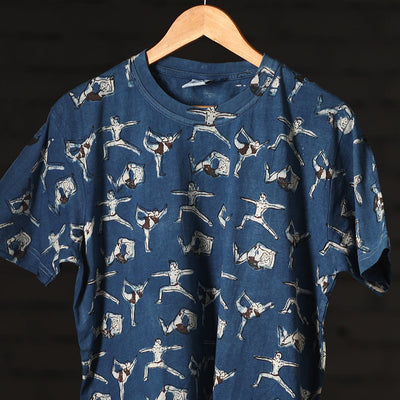 Blue - Bindaas Natural Dyed Art Block Print Round Neck T-shirt in Pure Cotton