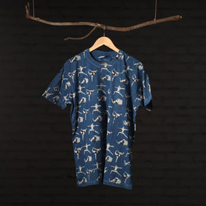 Blue - Bindaas Natural Dyed Art Block Print Round Neck T-shirt in Pure Cotton
