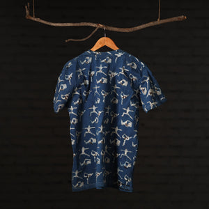 Blue - Bindaas Natural Dyed Art Block Print Round Neck T-shirt in Pure Cotton