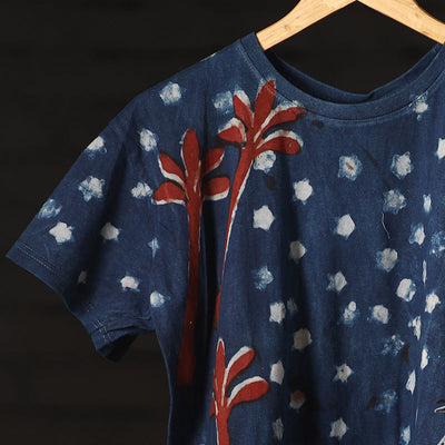 Blue - Bindaas Block Art Prints Natural Dyed Cotton Round Neck T-shirt