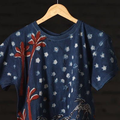 Blue - Bindaas Block Art Prints Natural Dyed Cotton Round Neck T-shirt