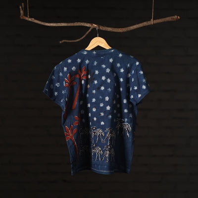 Blue - Bindaas Block Art Prints Natural Dyed Cotton Round Neck T-shirt