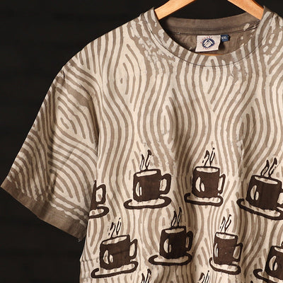 Brown - Bindaas Natural Dyed Art Block Print Round Neck T-shirt in Pure Cotton
