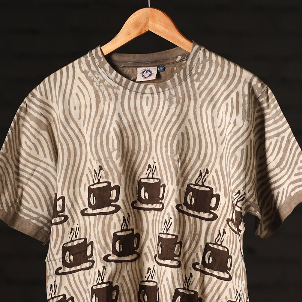Brown - Bindaas Natural Dyed Art Block Print Round Neck T-shirt in Pure Cotton