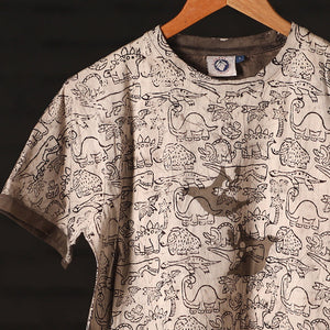 Beige - Brown - Bindaas Natural Dyed Art Block Print Round Neck T-shirt in Pure Cotton