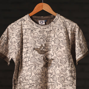 Beige - Brown - Bindaas Natural Dyed Art Block Print Round Neck T-shirt in Pure Cotton