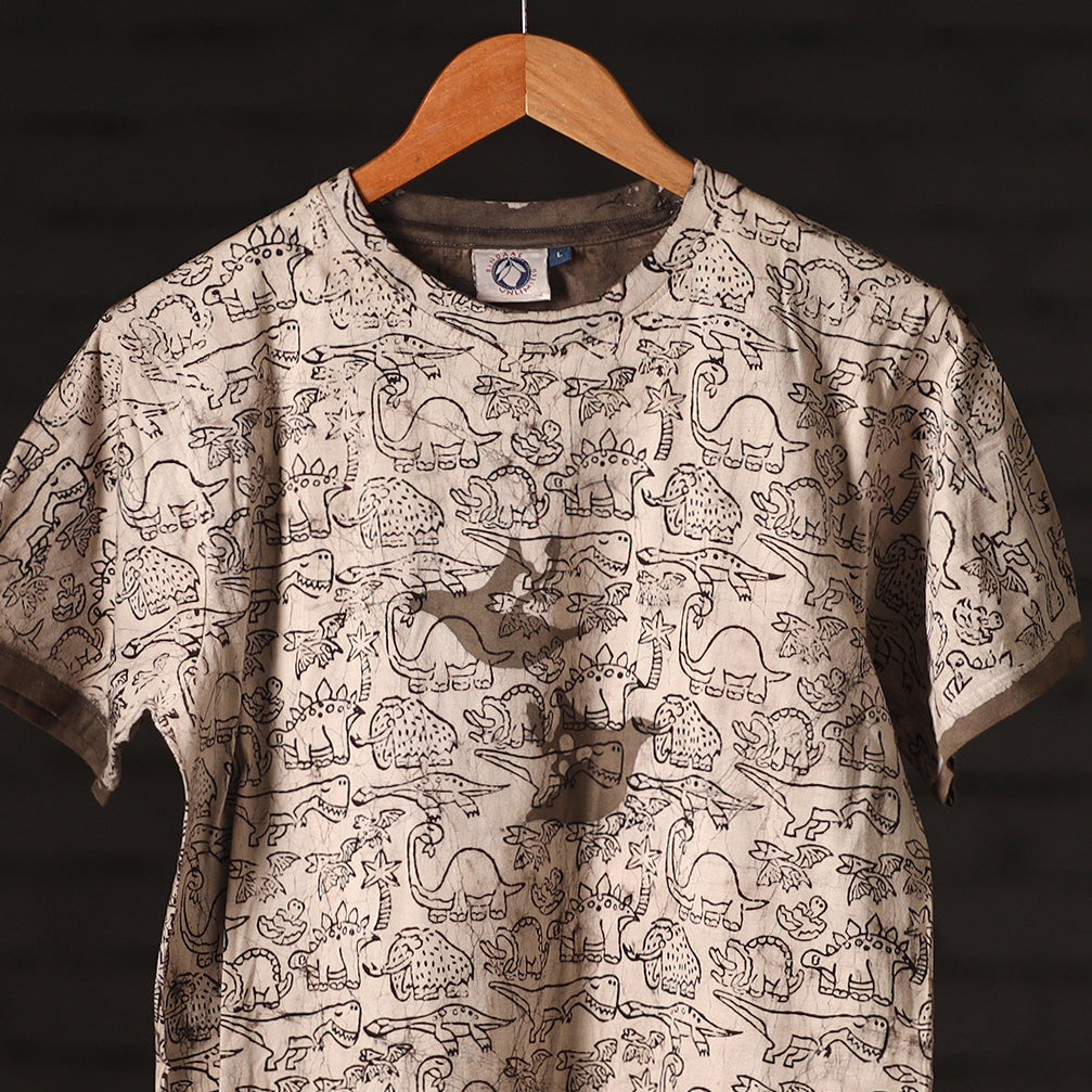 Beige - Brown - Bindaas Natural Dyed Art Block Print Round Neck T-shirt in Pure Cotton