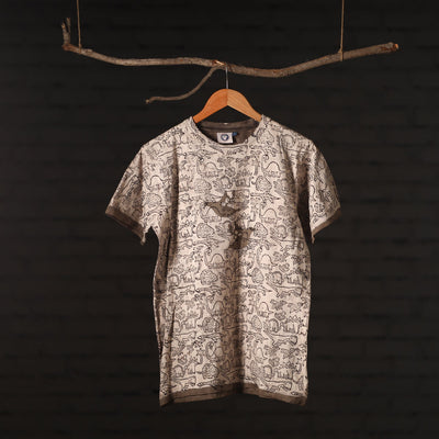 Beige - Brown - Bindaas Natural Dyed Art Block Print Round Neck T-shirt in Pure Cotton