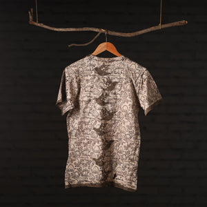 Beige - Brown - Bindaas Natural Dyed Art Block Print Round Neck T-shirt in Pure Cotton