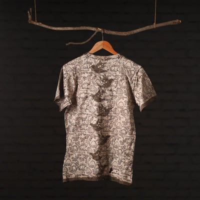 Beige - Brown - Bindaas Natural Dyed Art Block Print Round Neck T-shirt in Pure Cotton