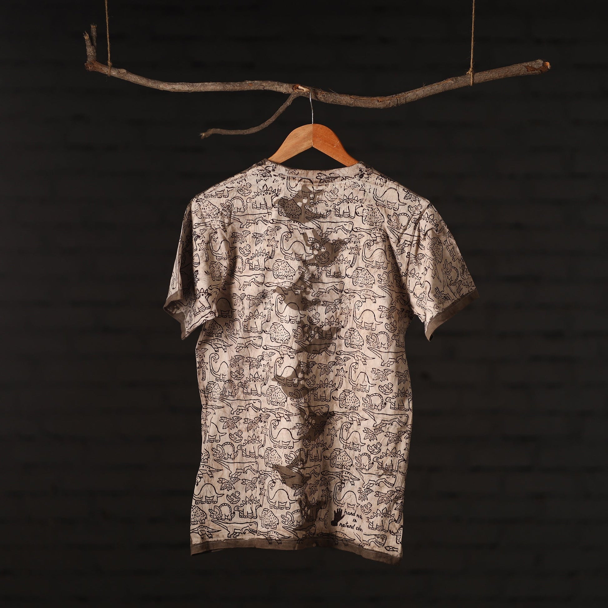 Beige - Brown - Bindaas Natural Dyed Art Block Print Round Neck T-shirt in Pure Cotton