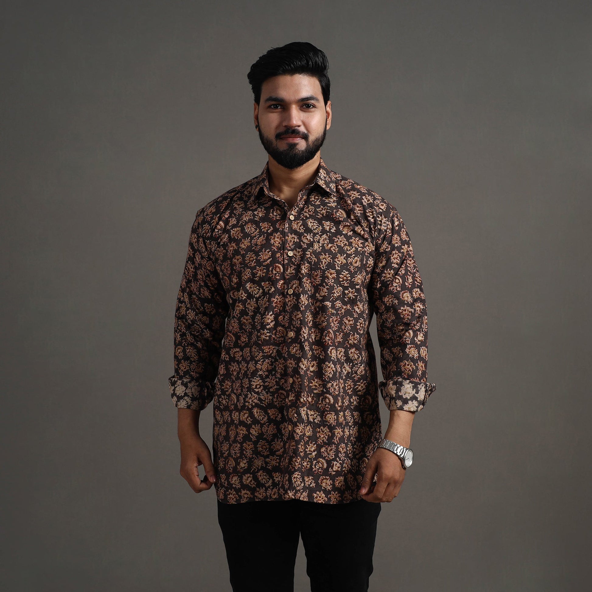 Brown - Pedana Block Print Cotton Men Kalamkari Shirt 12