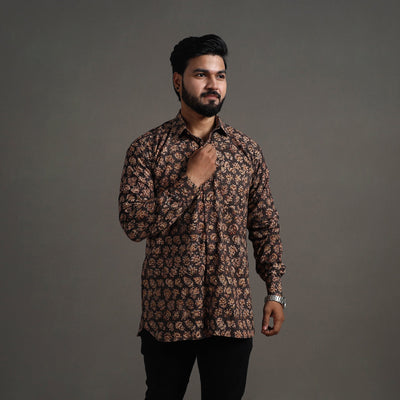 Brown - Pedana Block Print Cotton Men Kalamkari Shirt 12