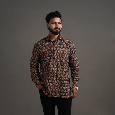 Brown - Pedana Block Print Cotton Men Kalamkari Shirt 12