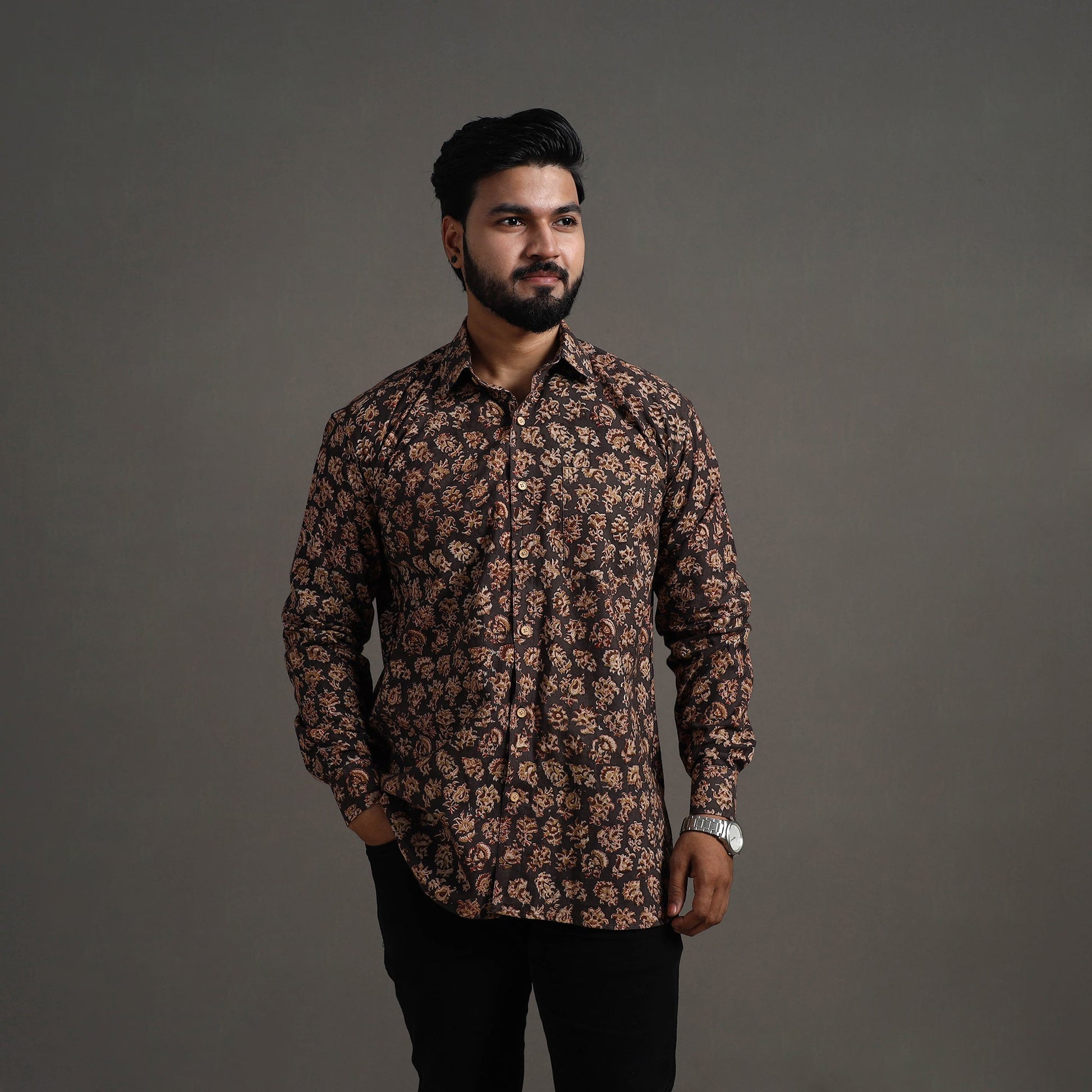 Brown - Pedana Block Print Cotton Men Kalamkari Shirt 12