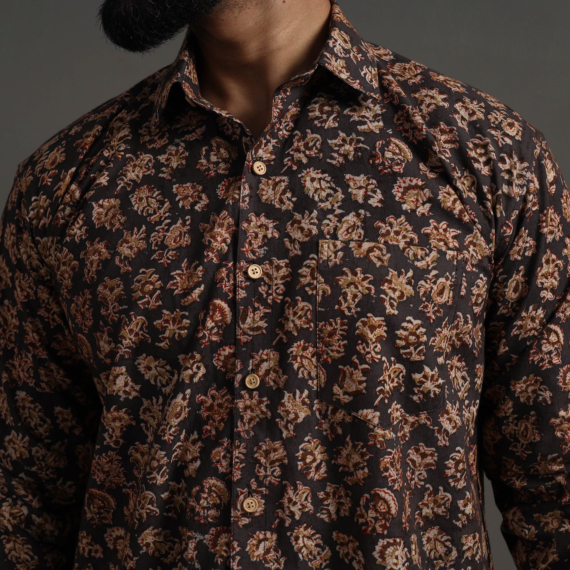 Brown - Pedana Block Print Cotton Men Kalamkari Shirt 12