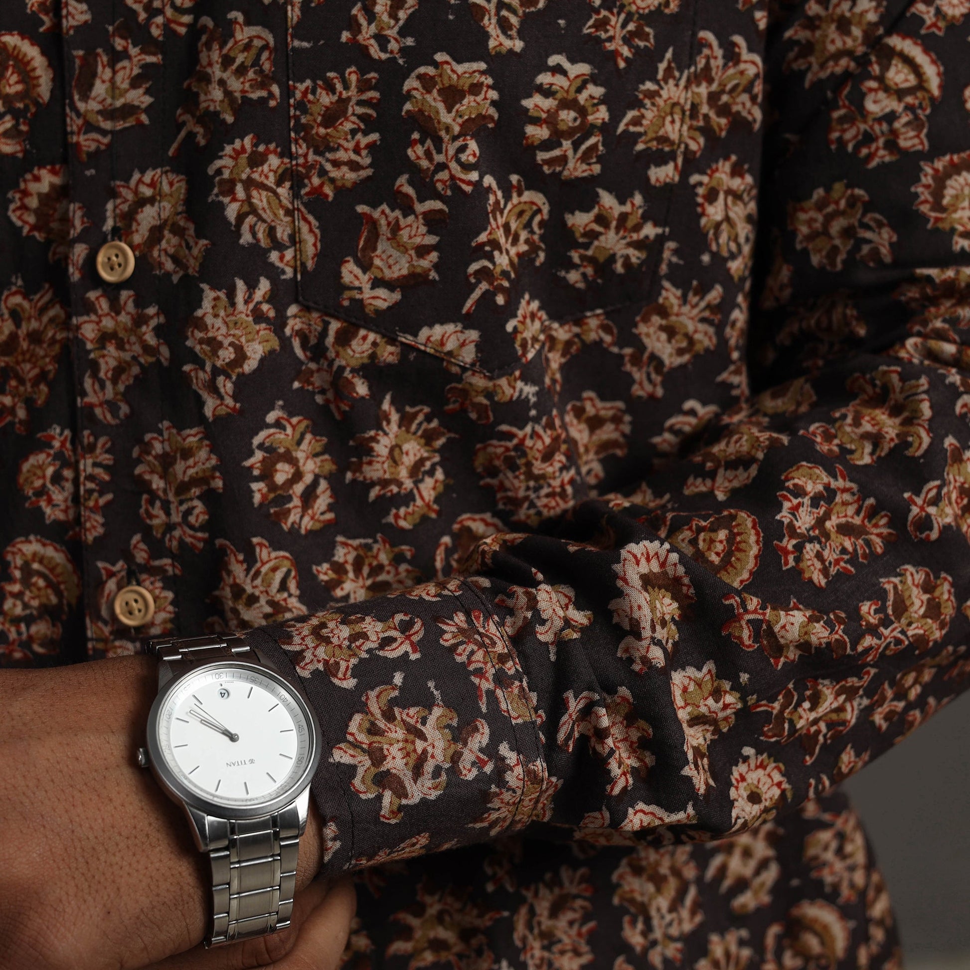 Brown - Pedana Block Print Cotton Men Kalamkari Shirt 12