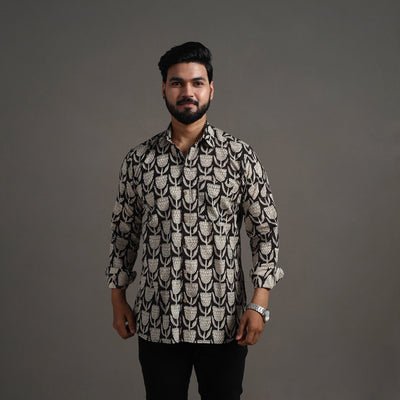 Black - Bagru Block Printed Cotton Men Full Sleeve Shirt 12