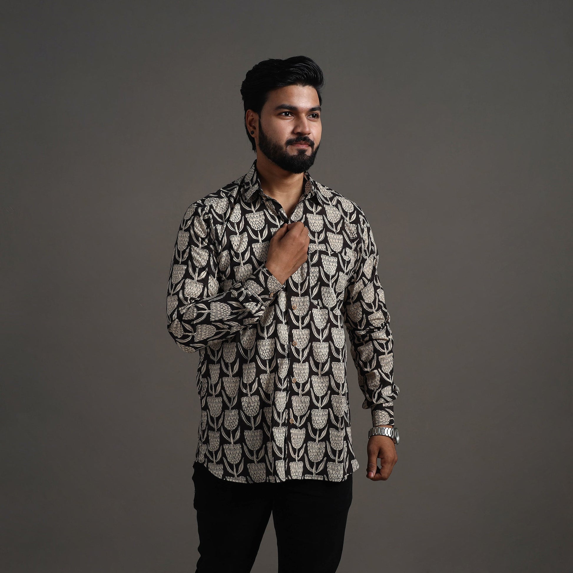 Black - Bagru Block Printed Cotton Men Full Sleeve Shirt 12