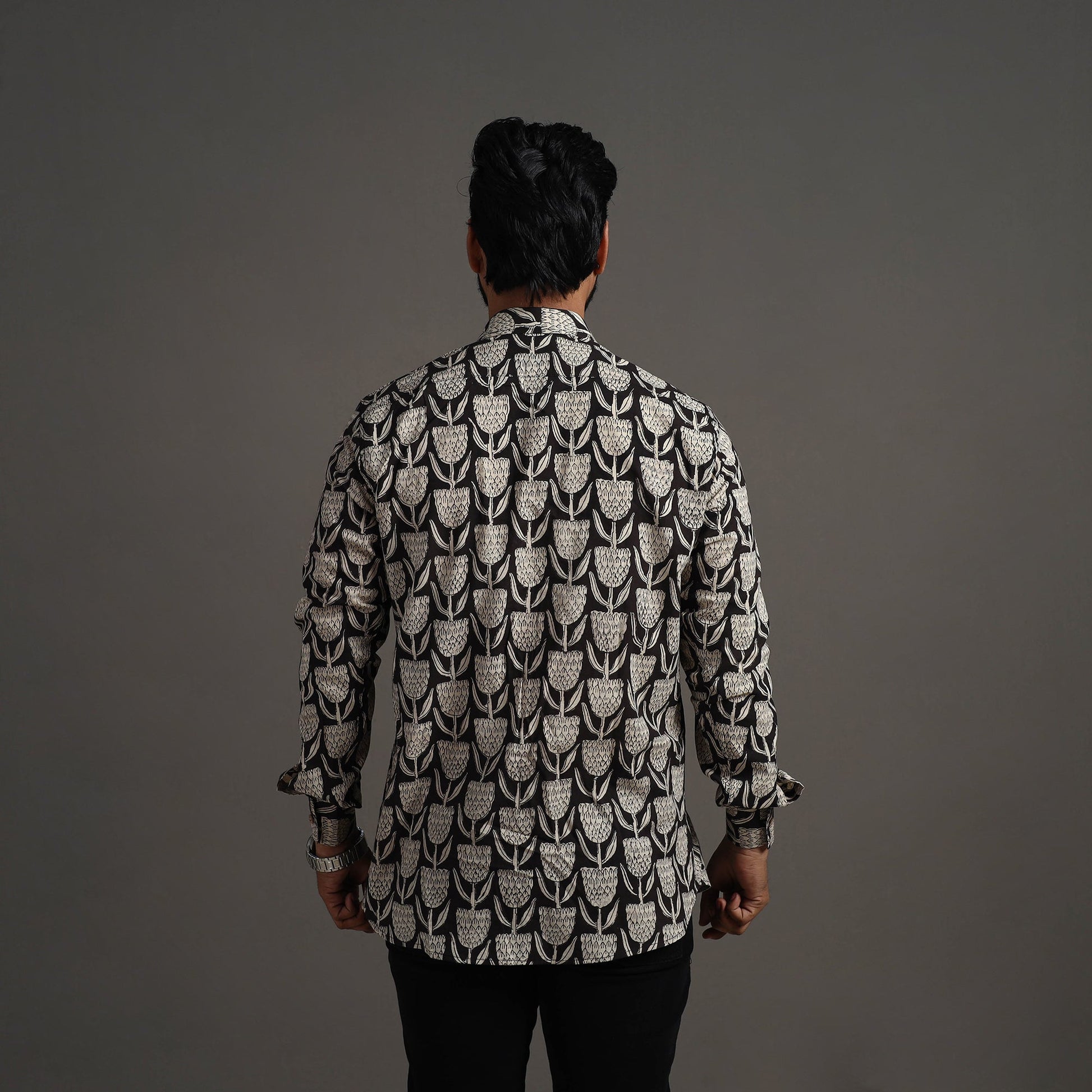 Black - Bagru Block Printed Cotton Men Full Sleeve Shirt 12