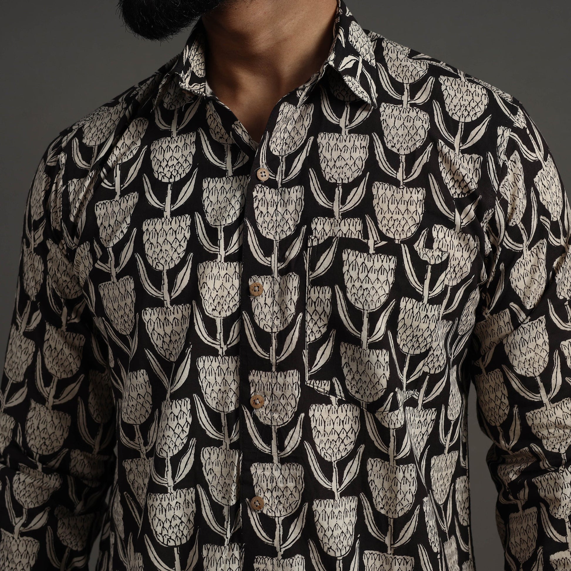 Black - Bagru Block Printed Cotton Men Full Sleeve Shirt 12