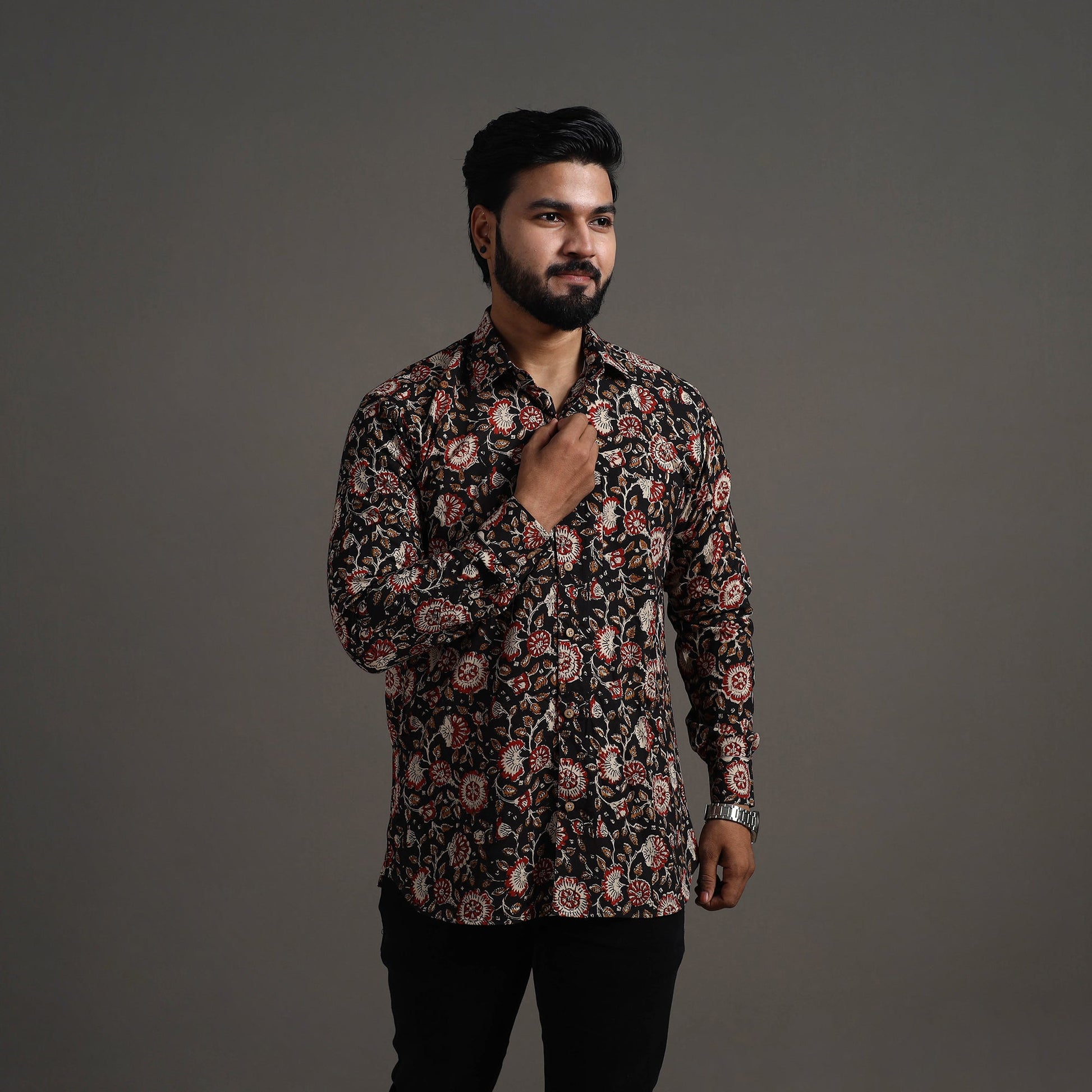 Black - Bagru Block Printed Cotton Men Full Sleeve Shirt 15