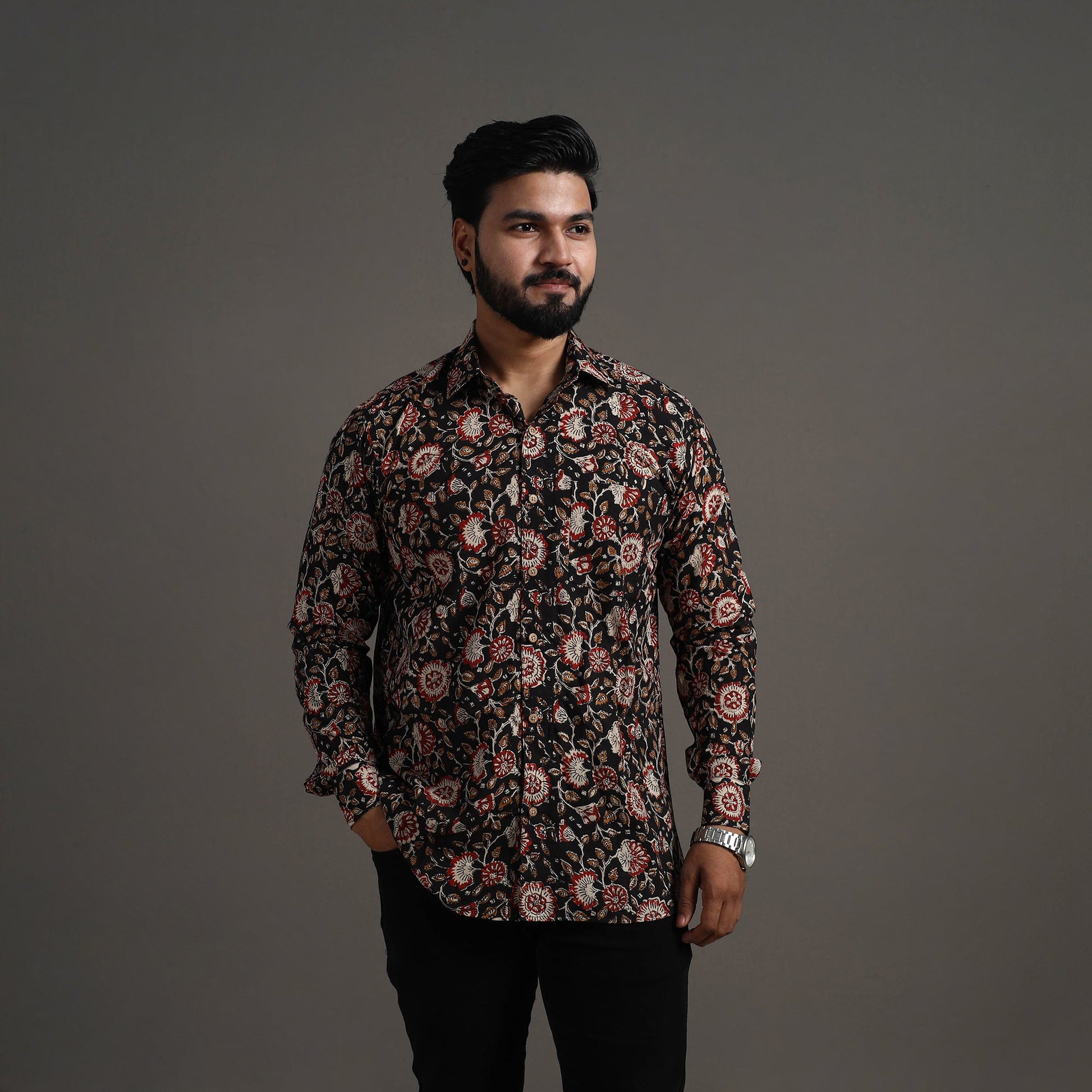 Black - Bagru Block Printed Cotton Men Full Sleeve Shirt 15