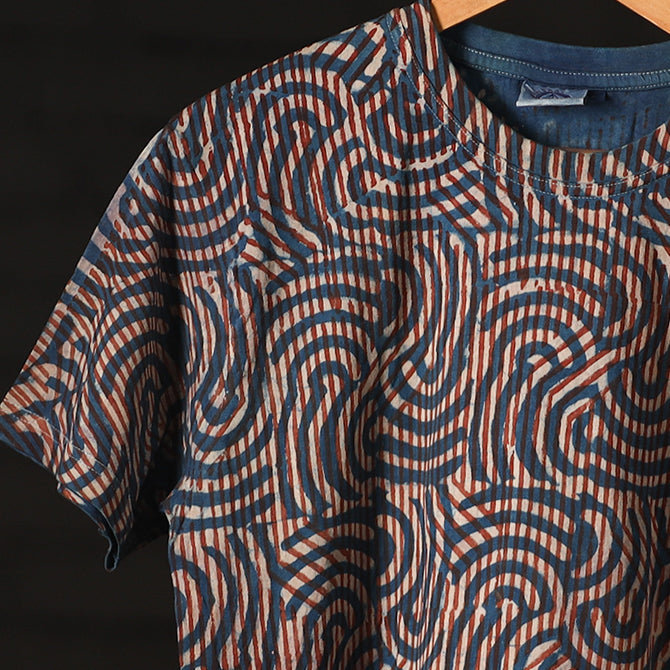 Blue - Bindaas Block Art Printed Cotton Round Neck T-shirt