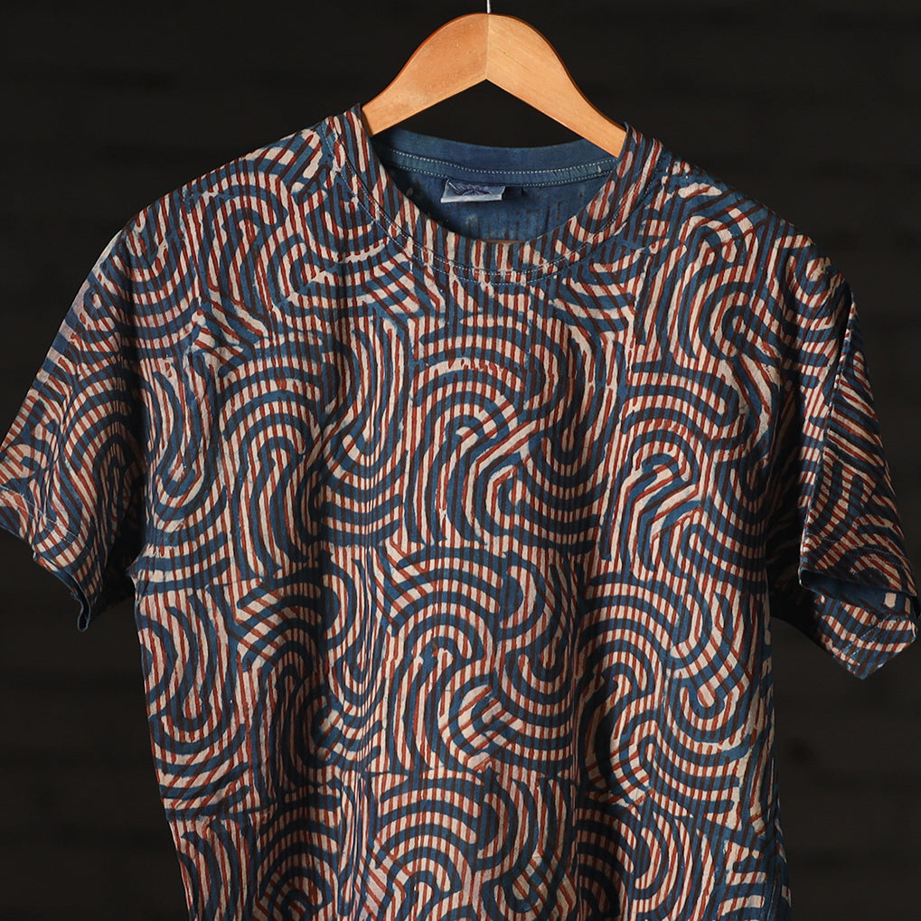 Blue - Bindaas Block Art Printed Cotton Round Neck T-shirt