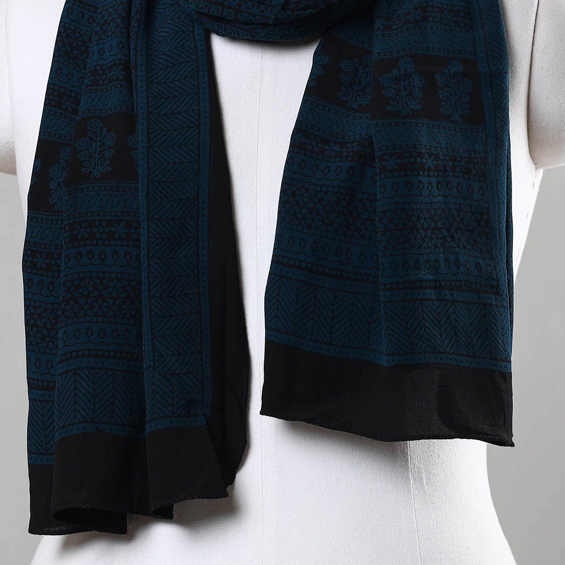 Blue - Bagh Hand Block Printed Crepe Silk Stole