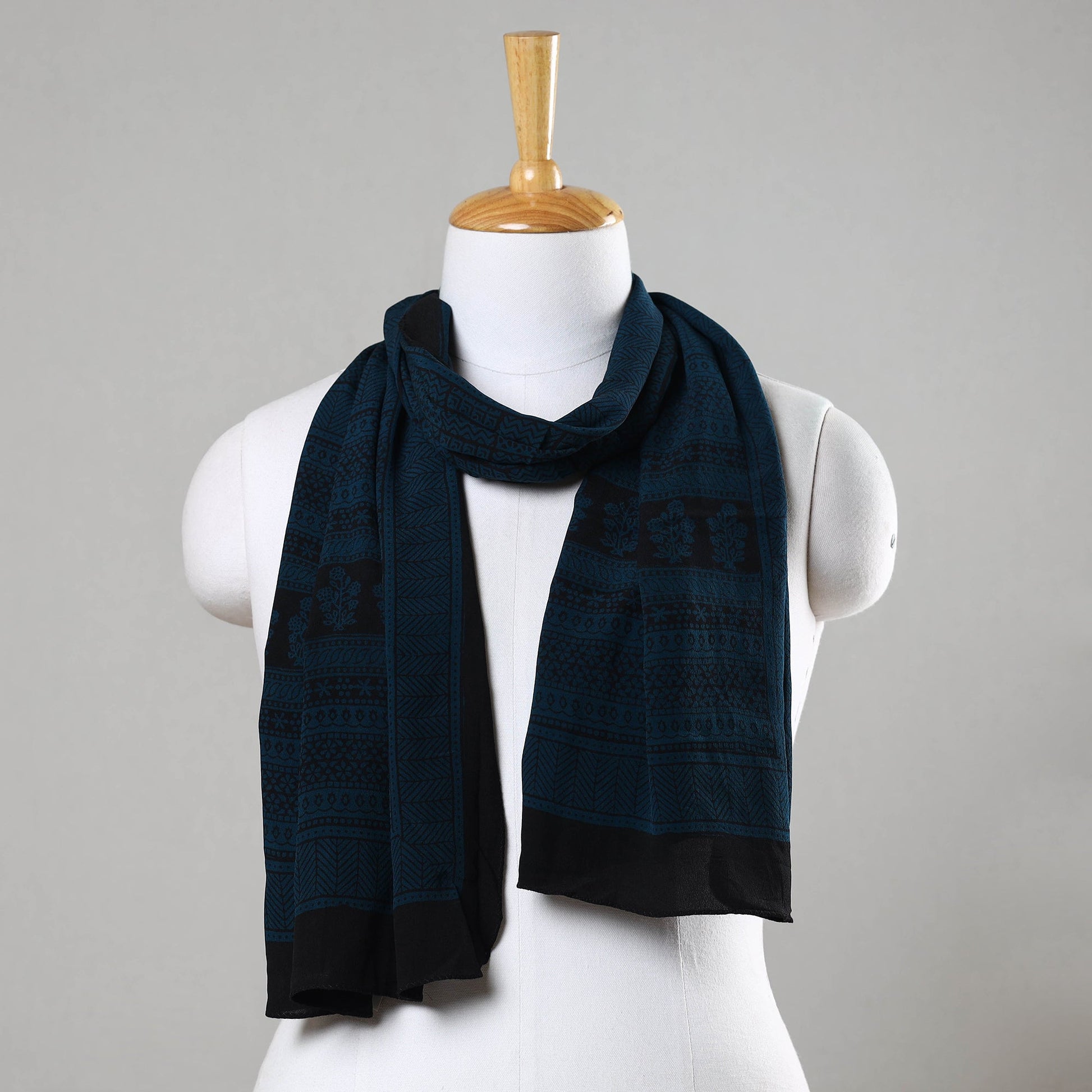 Blue - Bagh Hand Block Printed Crepe Silk Stole