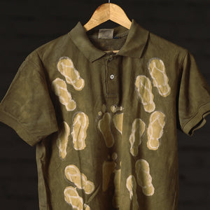 Brown - Green - Bindaas Natural Dyed Art Block Print Polo Collar T-shirt in Cotton