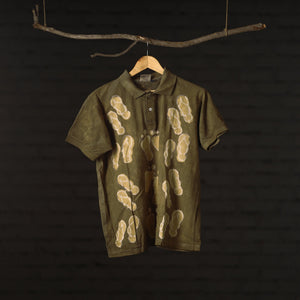 Brown - Green - Bindaas Natural Dyed Art Block Print Polo Collar T-shirt in Cotton