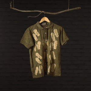 Brown - Green - Bindaas Natural Dyed Art Block Print Polo Collar T-shirt in Cotton