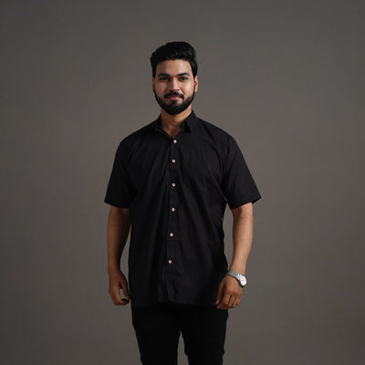 Black - Plain Cotton Men Half Sleeve Shirt 06