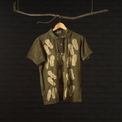 Brown - Green - Bindaas Natural Dyed Art Block Print Polo Collar T-shirt in Cotton