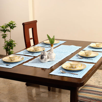 Blue - Applique Cut Work Table Runner with Table Mat Set 51