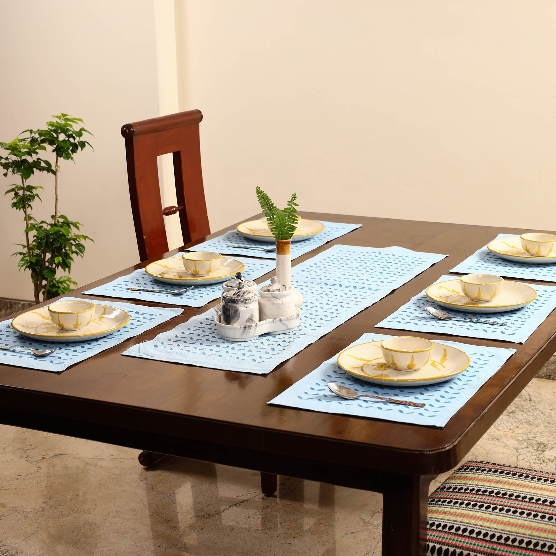Blue - Applique Cut Work Table Runner with Table Mat Set 51