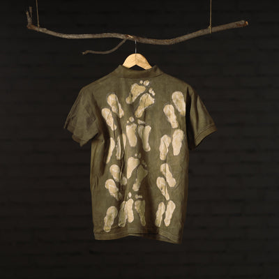 Brown - Green - Bindaas Natural Dyed Art Block Print Polo Collar T-shirt in Cotton