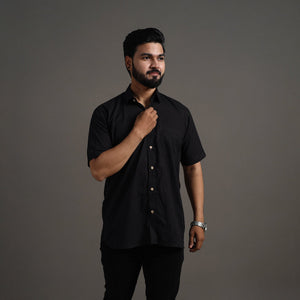 Black - Plain Cotton Men Half Sleeve Shirt 06
