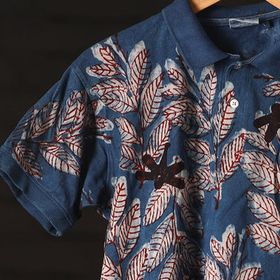 Blue - Bindaas Natural Dyed Art Block Print Polo Collar T-shirt in Pure Cotton